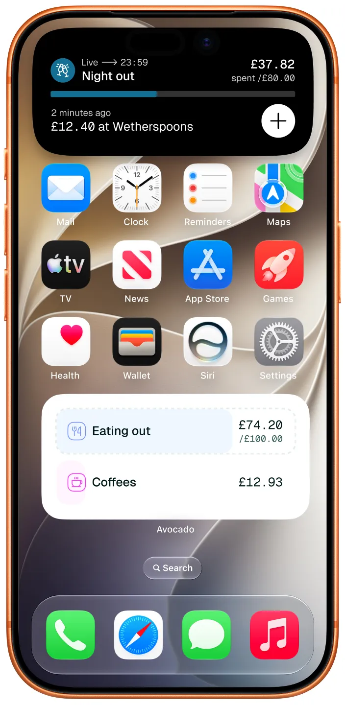An iPhone Home Screen with an Avocado Live Activity at the top, for a Night out with £37.82 spent of £80, and an Avocado widget showing Eating out at £74.20 of £100 and Coffees at £12.93.