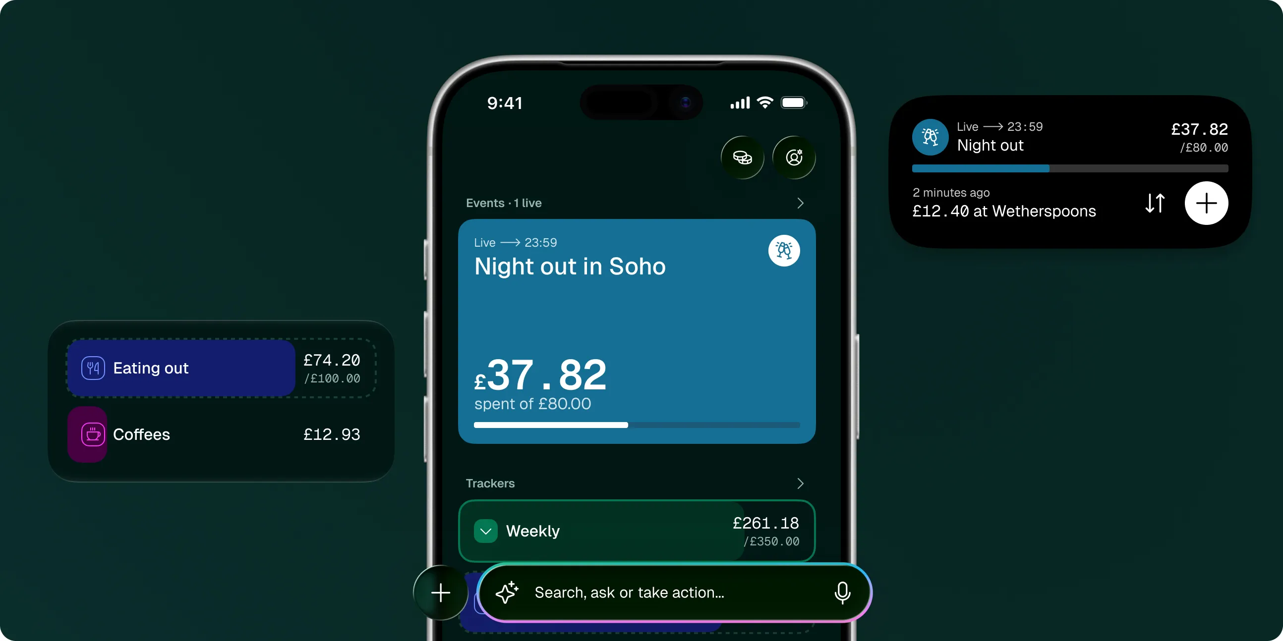 Avocado on iPhone: a Night out event, live until 23:59, with £37.82 spent of £80, and the Weekly trackers below it. Beside it, Eating out at £74.20 of £100 and Coffees at £12.93, and the event's Live Activity.